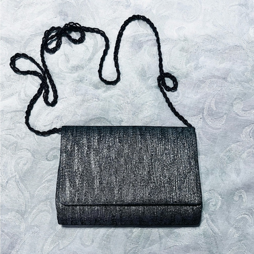 La Regale Elegant Evening Crossbody Bag Black Chain Shimmery Silver Gray Bag